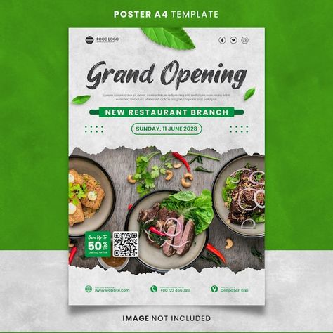 Green food and restaurant grand opening ... | Premium Psd #Freepik #psd #advertising-poster #google-ads #ads-design #advertising-banner Soft Opening Poster Design Cafe, Grand Opening Restaurant Poster, Opening Soon Poster Restaurant, Opening Poster Design Ideas, Restaurant Poster Design Creative, Cafe Opening Poster, Restaurant Opening Poster, Grand Opening Restaurant, Open Restaurant Design