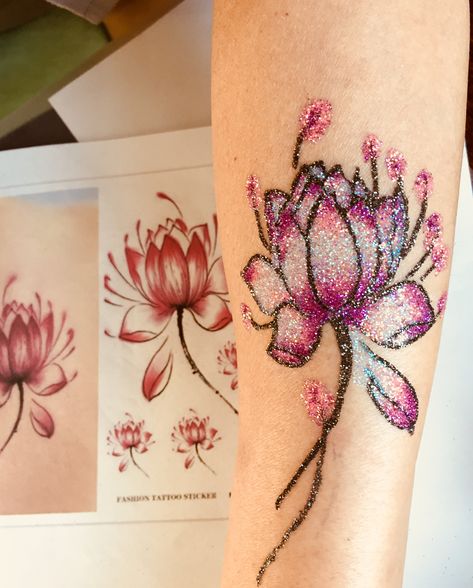 Glitter Flower Tattoo, Glitter Tattoo Permanent, Glitter Tattoo, Glitter Flowers, Rose Tattoos, Flower Tattoos, Infinity Tattoo, Watercolor Tattoo, Body Jewelry