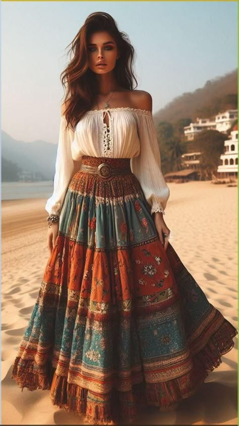 Boho Pirate Style, Boho Skirts Long Bohemian, Bohimen Outfits, Long Skirt Boho Outfit, Bohemian Style Aesthetic, Chic Bohemian Outfits, Modern Gypsycore Fashion, Gipsyland Outfit, Bohomeian Style Outfits