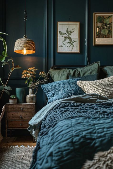 A masculine boho bedroom design is a great choice for achieving a rustic and modern mix, but it’s not that easy. Dark Teal Bedding, Black Boho Bedroom, Dark Teal Bedroom Ideas, Masculine Boho Bedroom, Bedroom Inspirations Green, Dark Teal Bedroom, Masculine Boho, Blue Green Bedrooms, Peacock Blue Bedroom