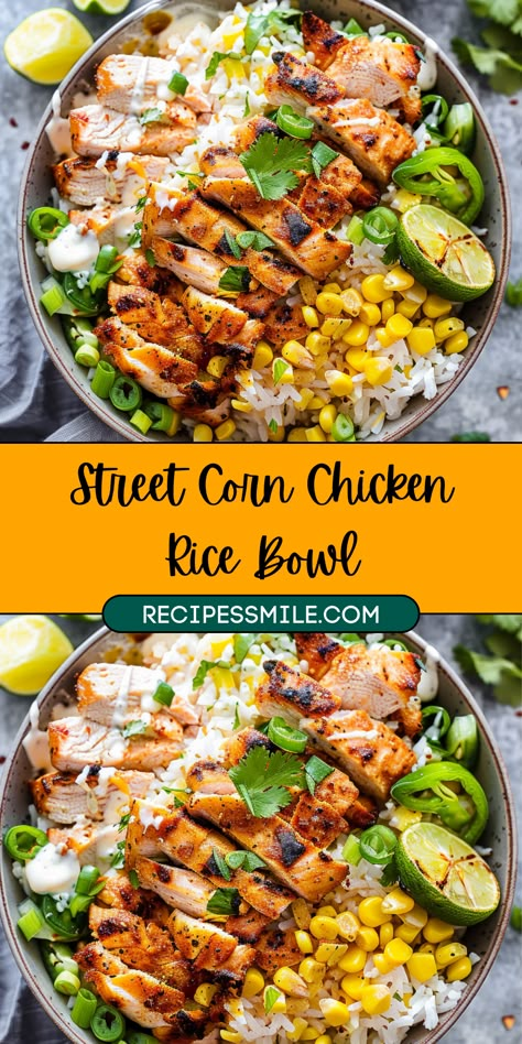 Create a vibrant and hearty Street Corn Chicken Rice Bowl with seasoned chicken, creamy street corn sauce, and fresh veggies. Perfect for a quick, satisfying meal packed with flavor and nutrition. Street Corn Sauce, Creamy Street Corn, Chicken Rice Bowl Recipe, Corn Sauce, Street Corn Chicken, Black Bean Chicken Chili, Fried Cheese Bites, Chicken Rice Bowl, Cream Cheese Corn