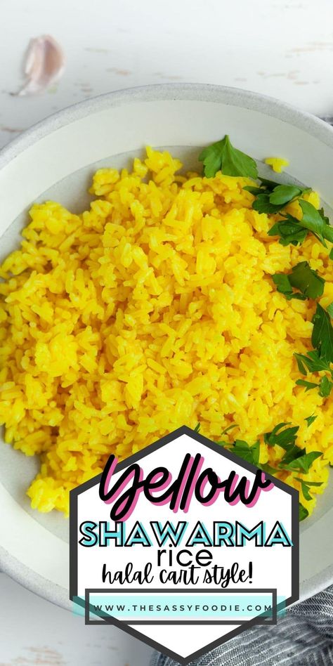 Halal carts serve up iconic, brightly coloured yellow rice as a base for their meals. This homemade yellow shawarma rice is light, fluffy, and full of flavour. This method yields perfectly fluffy, never gummy rice. Serve this rice as a base for air fryer chicken shawarma, topped with that iconic white sauce. Shawarma Rice Recipe, Shawarma Rice, Yellow Rice Recipes, Rice Side Dish Recipes, Chicken Shawarma Recipe, Shawarma Recipe, Side Dishes For Chicken, Rice Side, Rice Bowls Recipes