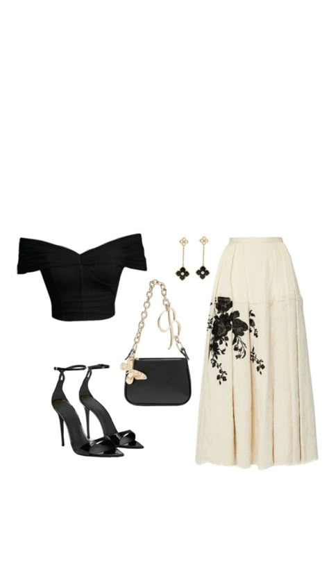 where would you wear this? Black Cream Outfit, Black And Cream Outfits, Flowy Skirt Outfit, Classy Skirts, Cream Skirt, Black Strappy Heels, Quick Outfits, Classy Work Outfits, Stylish Work Outfits