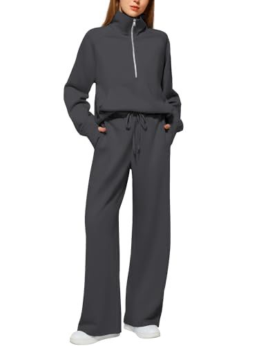 Casual Outfits For Work, Half Zipper Sweatshirt, Free Feeling, Zipper Sweatshirt, Comfy Jumpsuits, Mid Waist Pants, Simple Lace, Sweatsuit Set, Wide Leg Sweatpants