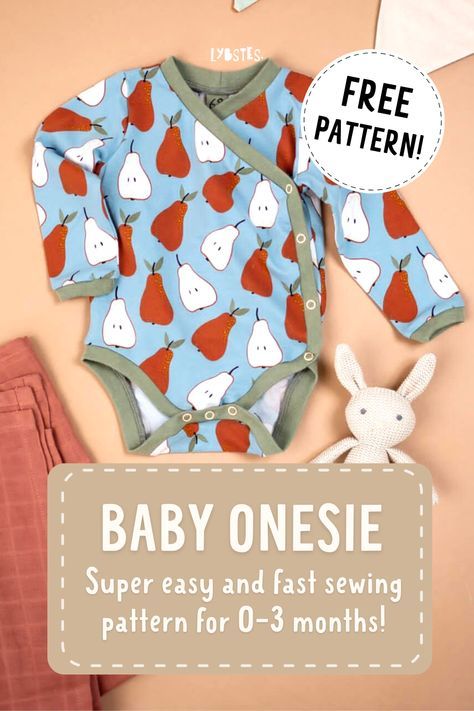 Sewing this onesie is way faster than you would think. Add some harem pants and you have a cute little outfit. This pdf pattern contains several onesie variations: fabric bound edges, ribbing, round neck, button placket, summer onesie etc. I hope you will have fun trying out all of them. Get your free pattern here! #lybstessewingpatterns #babyonesie #sewing #freepattern Diy Newborn Onesie, Newborn Clothes Patterns, Onsie Patterns Free, Baby Shirt Pattern Free, Newborn Sewing Patterns Free, Infant Sewing Patterns Free, Newborn Patterns Sewing, Sewing For Newborns, Free Infant Sewing Patterns