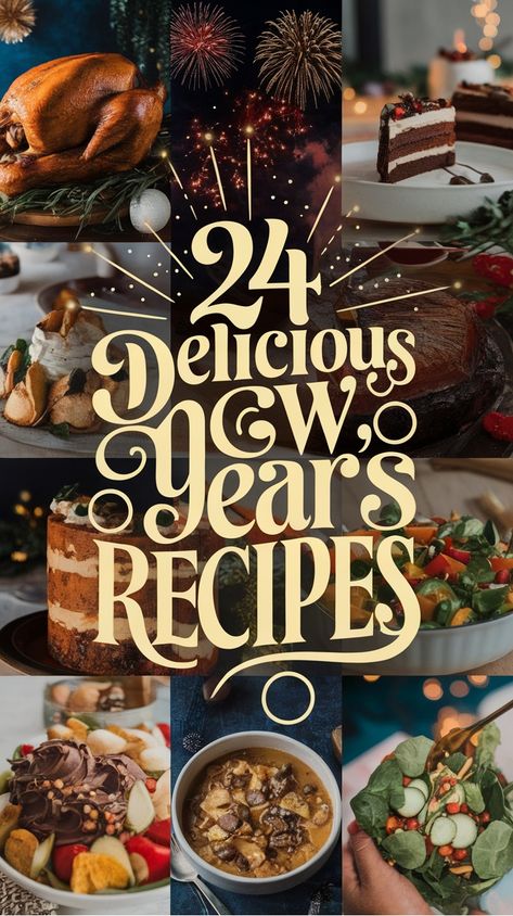 24 New Year's recipes collage featuring a roasted turkey, chocolate cake, layered desserts, salads, and fireworks in the background. New Year's Eve Dinners, New Year Recipes Good Luck, New Year Eves Food, New Year Day Dessert Ideas, New Year's Eve Family Dinner, New Year’s Eve Menu Party, New Years Eve Crockpot Recipes, New Year Day Dinner Ideas, New Years Menu Ideas Families