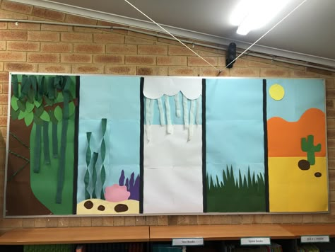 Biomes Classroom Display, Ecosystem Bulletin Board Ideas, Ecosystem Bulletin Board, Habitat Bulletin Board Ideas, Habitats Bulletin Board, Nature Bulletin Boards, Animals Bulletin Board, Animal Habitats Preschool, Ecosystems Diorama