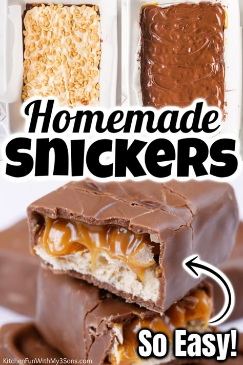 I'm crazy about these Homemade Snickers bars! With caramel, peanuts, chocolate and even marshmallow creme - these are even better than the original candy bar. I can't get enough of them. Bars With Caramel, Candy Bar Recipes, Snickers Bars Recipe, Homemade Snickers Bars, Snickers Recipe, Candy Bar Recipe, Homemade Candy Bars, Snickers Candy Bar, Caramel Apples Homemade