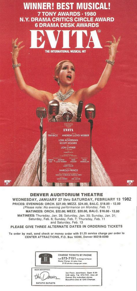 Evita - Denver 1982 #evitadenver1982 #evita Evita Core, Evita Musical, Musical Logo, Helen Of Troy, Window Cards, After All These Years, Still In Love, Tony Awards, Movie Star