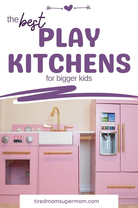 The best play kitchens for older kids if you are in search of a plastic play kitchen or a mini version of a real kitchen the best kitchen set is in this list. Play Kitchen For Older Kids, Pink Backsplash, Pink Appliances, Best Play Kitchen, Kidkraft Kitchen, Pink Kitchen Accessories, Pink Fridge, Lower Cabinets, Kitchen Sets For Kids