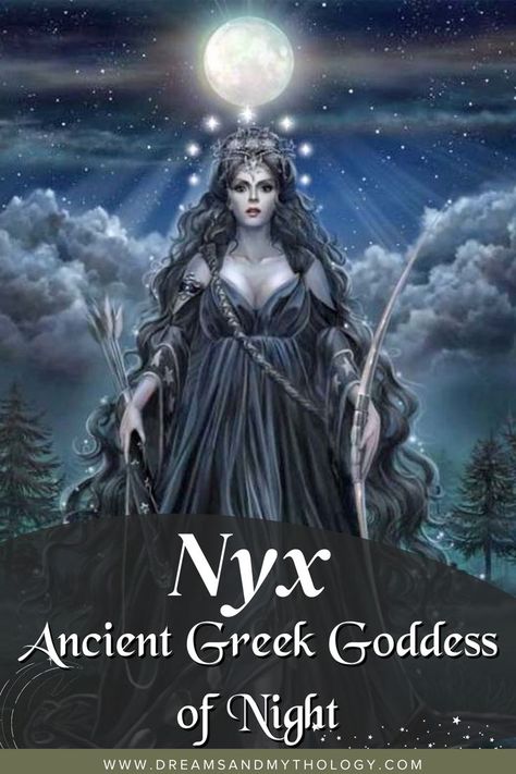 Nyx is the very personification of night in Greek mythology. She is one deity that existed before gods like Zeus and Poseidon were born. Also, many gods considered Nyx to be one of the most powerful goddesses in Greek mythology. #greekmythology #dreamsandmythology #dreams #greek #Nyx Nyx Goddess Of Night Symbols, Greek Goddess Of The Night, Goddess Of Night, Slavic Goddess, Greek Goddess Art, Ancient Greek Goddess, Greek Mythology Gods, Greek Mythology Tattoos, Greek Goddess Costume