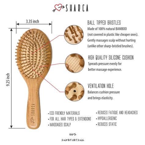 Amazon.com : SHARCA Premium Wooden Bamboo Hair Brush with Ball Tipped Bristles from Natural Wood. Organic, Biodegradable, No plastic : Beauty & Personal Care Wooden Hairbrush, Daily Hair Routine, Grow Long Healthy Hair, Bamboo Hair Brush, Wooden Hair Brush, Improve Hair Growth, Detangling Hair, Bamboo Brush, Wooden Brush