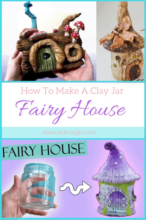 Polymer Fairy Houses, Air Dry Clay On Glass Jars, Clay Fairy House Jar, Air Dry Clay Fairy House, Air Dry Clay Fairy, Jar Fairy House, Fairy House Jar, Fairy Houses Diy, Fairy House Crafts