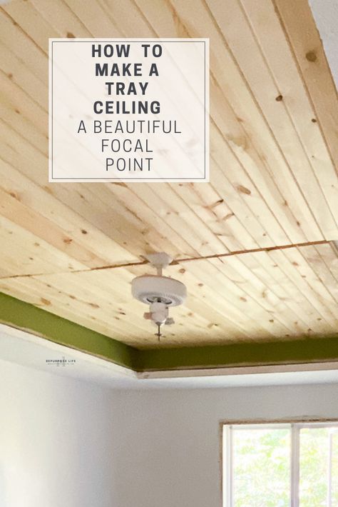 Looking for ideas to turn your tray ceiling into a focal point? By simply adding beams and carsiding, you can change the look of an entire bedroom, family room, kitchen, etc. Check out this post for a full DIY tutorial on how to turn your tray ceiling into a statement. Wallpaper Tray Ceiling, Tray Ceiling Ideas Living Room, Modern Tray Ceiling, Tray Ceiling Ideas Bedroom, Wood Tray Ceiling, Accent Ceiling Ideas, Tray Ceiling Bedroom, Bedroom With Tray Ceiling, Tray Ceiling Ideas