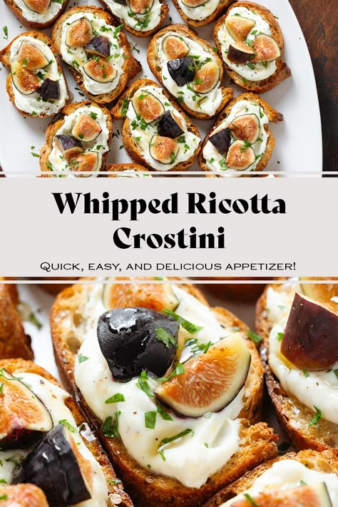 This Whipped Ricotta Crostini is the perfect appetizer for fall and winter and especially the holiday season! Creamy whipped ricotta is mixed with lemon, garlic, and hot honey, spread on crispy toasted baguette, and topped with fresh figs. It's easy to make into a big batch and it can be ready in just 20 minutes! Fig Ricotta Appetizer, Whipped Ricotta Crostini, Whipped Ricotta Appetizer, Crostini Appetizers Easy, Winter Finger Foods, Birthday Finger Foods, Whipped Feta Crostini, Fig Crostini, Baguette Appetizer