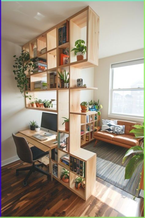 Small Ergonomic Home Office, Desk With Library, Small Attic Library, Library Small Room Ideas, Small Office Solutions, Split Office Ideas, Small Space Library Ideas, Library In Office, Small Living Room With Desk