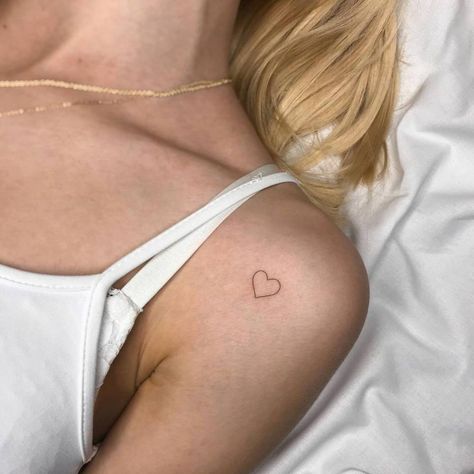 Upper Arm Heart Tattoo, Small Heart Shoulder Tattoo, Heart Tattoo Small Arm, Love Heart Tattoos For Women, Small Red Heart Tattoo On Chest, Heart Tattoo On Shoulder For Women, Minimalist Tattoo On Shoulder, Minimal Tattoo Heart, Heart On Arm Tattoo