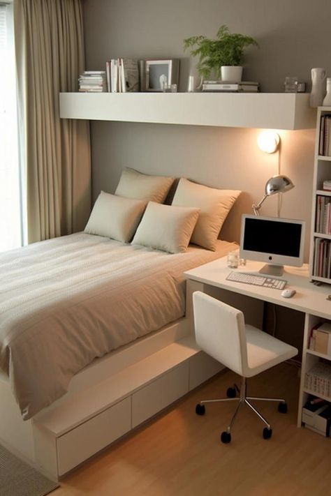 Love this clever design! Built-in storage under the bed and a compact desk setup make this small bedroom feel spacious and organized. Explore more space-saving bedroom ideas in our blog post! #smallbedroomideas #spacesavingtips #smallspacehacks #tinybedroomdecor Small Room Design Single Bed, Small Modular Bedroom Ideas, Single Bed Guest Room Ideas, Double Bed And Desk Layout Small Room, Built In Bed And Desk, Single Bed Guest Room, Small Bedroom Ideas Desk, Small Room Space Saving Ideas, Built In Single Bed