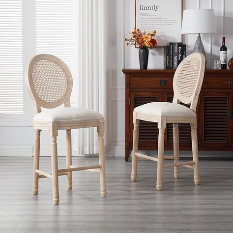 Amazon.com: Lierpit Solid Wood Bar stools Set of 2, Classic French Country Wooden Barstools with Upholstered Seating, 26” Kitchen Bar Stool for Bar Counter (Rattan - Beige, 26") : Home & Kitchen Brett Waterman, Wooden Barstools, French Country Kitchen Designs, Embellished Furniture, Round Wooden Dining Table, Kitchen 2024, Wooden Bar Stools, Wood Bar Stools, Counter Height Bar Stools