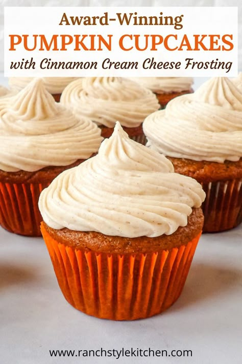 Pumpkin cupcakes topped with cinnamon cream cheese frosting in an orange cupcake liner. Pumpkin Cupcakes With Cinnamon Cream, Pumpkin Cupcake Recipes, Pumpkin Pie Cupcakes, Pumpkin Cupcake, Cheese Frosting Recipe, Cinnamon Cream Cheese, Pie Cupcakes, Fall Baking Recipes, Cream Cheese Frosting Recipe