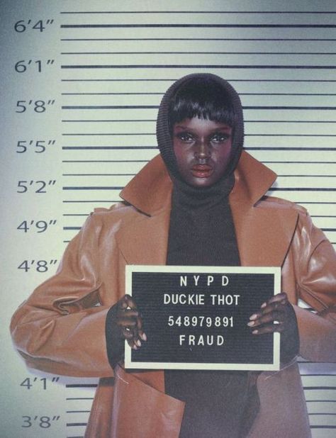 modely-way:  Duckie Thot for Paper Magazine September 2018 shot by Jordan Barrett. Mugshots Women Aesthetic, Duckie Thot Aesthetic, Famous Photoshoots, Jail Photoshoot, Inmate Clothes, Mugshot Aesthetic, Jordan Barrett, Paper Magazine, Mug Shot