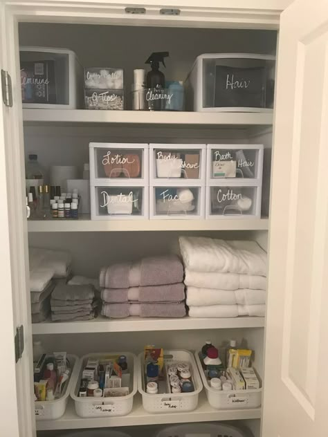 Closet Organization Solutions, Bathroom Linen Closet, Bathroom Closet Organization, Linen Closets, House Organisation, Linen Closet Organization, Hall Closet, Organize My Life, House Organization