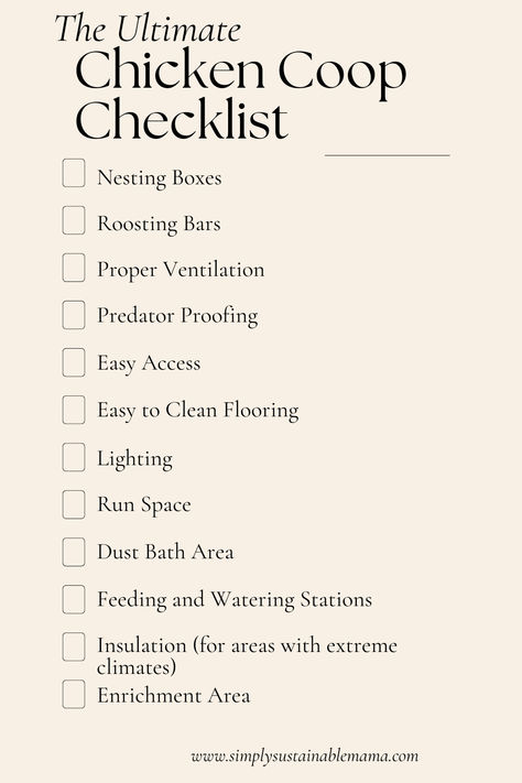 A comprehensive infographic titled 'The Ultimate Chicken Coop Checklist' illustrates the essential components of a functional and comfortable chicken coop. Elements include nesting boxes, roosting bars, proper ventilation, predator-proofing measures, easy access, easy-to-clean flooring, lighting, adequate run space, a dust bath area, feeding and watering stations, insulation for extreme climates, and an enrichment area to ensure a healthy and thriving environment for backyard chickens. Chicken 101 Raising, Best Dual Purpose Chickens, Chickens As Pets, Small Diy Chicken Coop Ideas, Patio Chicken Coop, Chicken Beginner Tips, Self Sufficient Chicken Coop, Chicken Coop Care, Cabin Chicken Coop