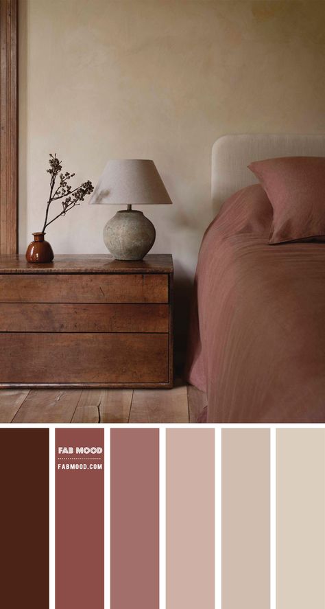 Earth Tone Bedroom Colour Scheme | Earthy Bedroom Decorating Ideas Warm Neutral Bedroom Furniture, Bedroom Ideas Coffee Colour, Soft Tone Bedroom, Earth Color Palette Bedrooms, Earthy Bedroom Palette, Pink Beige Room Bedrooms, Earthy Coloured Bedroom, Taupe Beige Bedroom, Bedroom Muted Colors