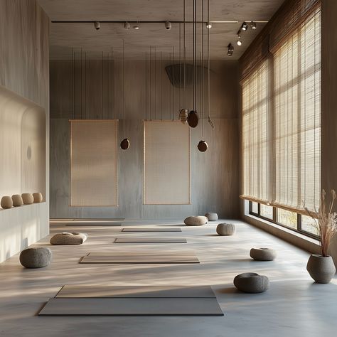 “Japandi style isn’t just seen, it’s felt; it promotes an interior calm as much as it does interior beauty.” A serene, minimalistic yoga studio that embodies the essence of Japandi design, blending Japanese and Scandinavian aesthetics. The space is characterised by its use of natural materials, particularly light wood and bamboo, creating a calming atmosphere with an earthy, neutral colour palette. The design emphasises simplicity, with hanging screens and panels that divide the room subtly,... Yoga Interior Design Studios, Japandi Spa Design, Yoga Center Design, Yoga Interior Design, Wellness Interior Design, Modern Yoga Studio, Japandi Style Home, Pilates Yoga Studio, Yoga Studio Interior