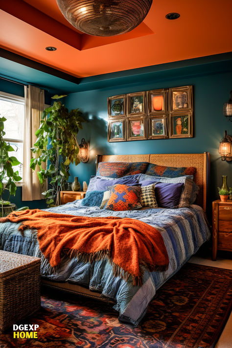 A boho bedroom is awash with deep teal (#008080) and harmonizes with accents of burnt orange (#CC5500). A cozy teal bed stands out amidst bohemian decor, and eclectic burnt orange pillows and decorations add warmth. The walls, adorned with diverse artworks, amplify the room's eclectic charm, and modern lighting sets an inviting mood, accentuating the detailed textures and patterns. Teal And Orange Bedroom, Teal Boho Bedroom, Burnt Orange Bedroom, Maximalist Room, Bedroom Ideas Luxury, Eclectic Decor Bedroom, Orange Rooms, Teal Bedroom, Bed Color