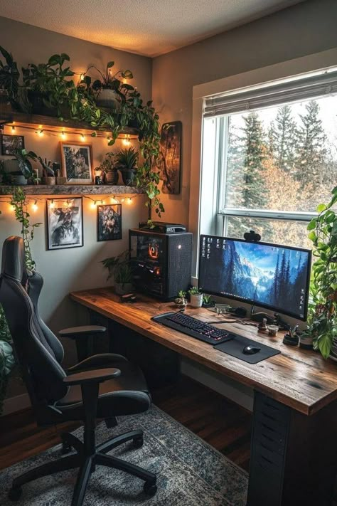 Gaming Desk Wood, Game Room / Office Ideas, Game And Office Room Ideas, Black And Wood Gaming Room, Study Gaming Setup, Office Gaming Room Ideas, Cozy Game Room Aesthetic, Wood And Black Gaming Setup, Game Room Computer