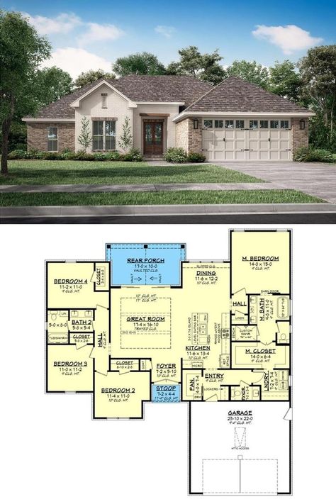 House Layout Plans 4 Bedroom, Single Story Homes, 4 Bedroom House Plans, Room Layouts, House Layout Plans, Hip Roof, House Layout, Open Layout, Country Style Homes