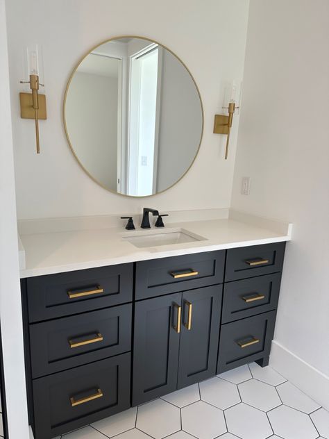 Black Shiplap In Bathroom, Black Vanity Bathroom Floor Ideas, Modern Bathroom With Black Vanity, Guest Bathroom Ideas Black And White, Redoing Bathroom Cabinets, Black And White Vanity Bathroom, Small Hallway Bathroom Remodel, Black Counter In Bathroom, Modern Hall Bathroom