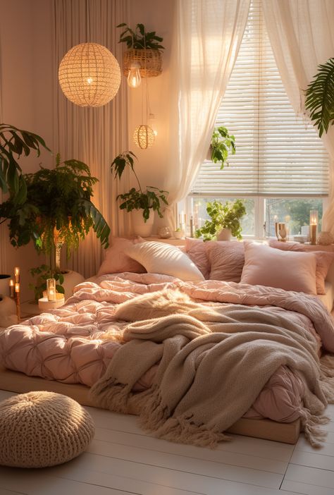 Bedroom decoration ideas, bedrooms for women are designed in a feminine, soft, cute style Aesthetic Boho Bedroom Ideas, Room Ideas Women Bedroom, Pink Bedroom Plants, Pink Plant Bedroom, Soft Romantic Bedroom, High Rise Apartment Bedroom, Pink Bedroom With Plants, Neutral Pink Bedroom, Pink Boho Room