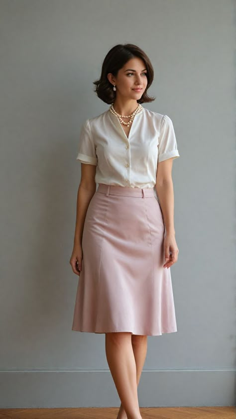 Knee Length A Line Skirt, Women Office Outfits Skirt, Skirt For Work The Office, Blouse And Skirt Outfit Formal, A Line Skirt And Blouse, Work Outfits Women Office Skirt, Classic Modest Outfits, Outfits With Knee Length Skirts, Feminine Office Outfits