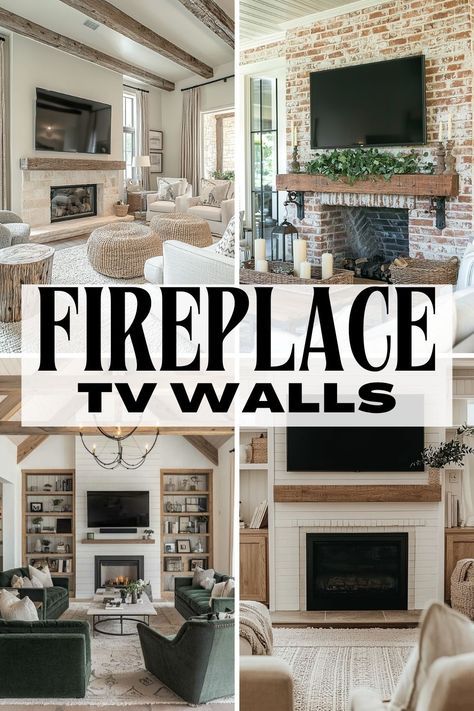 Looking for ideas to elevate your living room design? Check out these 25 stunning fireplace TV wall ideas that perfectly blend style and function! From cozy farmhouse charm to sleek modern aesthetics, these feature walls will inspire your next living room transformation. Whether you're into classic or contemporary designs, you'll find plenty of ways to seamlessly place your TV above the fireplace for a standout look. Fireplace Inset Wall, Fireplace With Tv Mounted Above, Huge Tv Wall Ideas Living Room, Tv Over Stone Fireplace Ideas, Fireplace That Sticks Out From Wall, Gas Fireplace Surround Ideas Wood, Tv Above Fireplace Ideas Decor, White Fireplace With White Walls, What To Put On The Sides Of A Fireplace