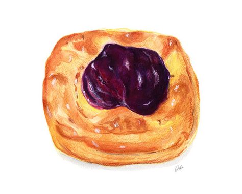 Blueberry Danish Pastry Illustration Danish Drawing, Danish Illustration, Pastry Illustration, Blueberry Danish, Desserts Drawing, Danish Pastry, Cheese Danish, Traditional Media, Botanical Illustrations