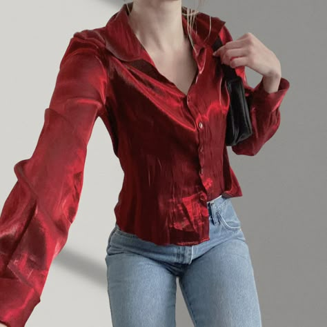 Lace Shirt Outfit Aesthetic, Cool Red Outfits, Dark Red Outfit Casual, Red Lace Top Outfit, Red Blouse Outfit, Red Outfit Aesthetic, Lace Shirt Outfit, Red Lace Shirt, Shimmer Blouse