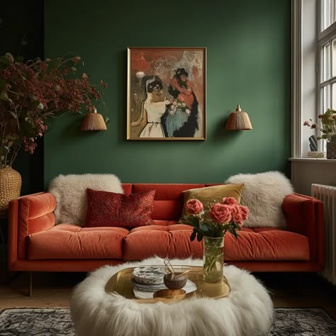 Red Couch Green Walls, Mid Century Chic Living Room, Red And Green Lounge, Red Sofa Green Wall, Red Sofa Interior, Coloured Sofa Living Room, Rust Colored Sofa, Rust Velvet Couch, Rust Sofa Living Room Color Schemes