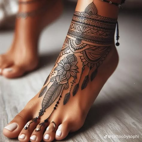 Bohemian Leg Tattoo, Indian Leg Sleeve, Side Of Torso Tattoos Women, Hobo Tattoo Ideas, Inside Leg Tattoo, Aztec Bracelet Tattoo, Bird Foot Tattoo, Wrap Around Ankle Tattoos For Women, Mandala Ankle Tattoo Wrap Around