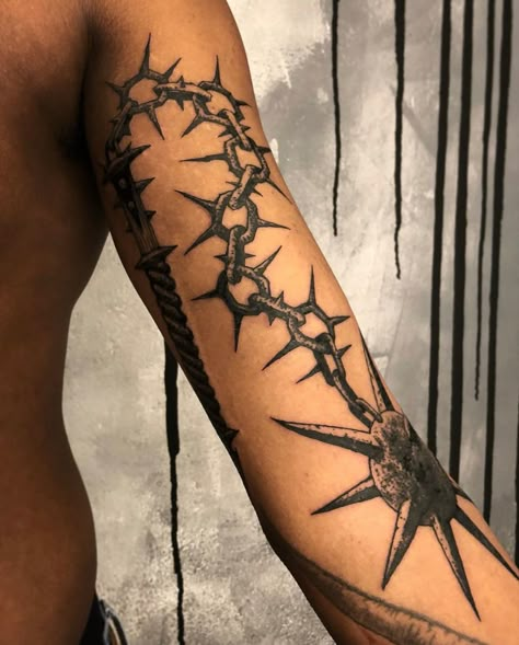 Thorn Neck Tattoo, Partial Leg Sleeve Tattoo, Mens Emo Tattoos, Thorn Arm Tattoo, Spiked Ball Tattoo, Dark Illustrative Tattoo, Spike Ball Tattoo, Spike Ball And Chain Tattoo, Wire Tattoo