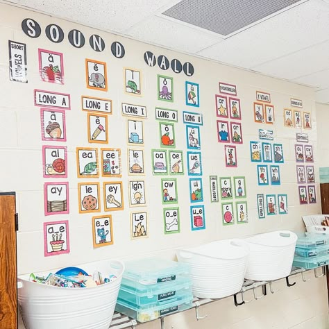 Sound Wall Preschool, First Grade Classroom Walls, Sound Wall Classroom, Sound Wall For Kindergarten, Word Wall Bulletin Board, Sound Boards Wall, First Grade White Board Ideas, First Grade Classroom Bulletin Boards, Phonics Bulletin Board Ideas