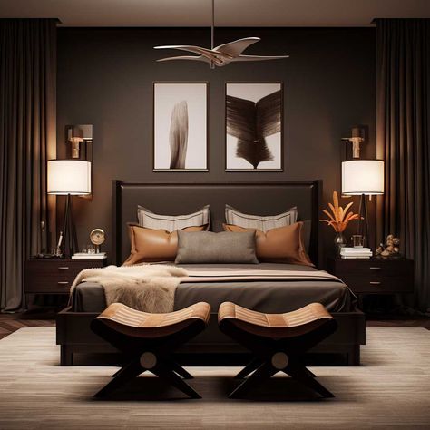 From Drab to Fab Guide to Decorating a Brown Bedroom • 333+ Images • [ArtFacade] Brown Walls In Bedroom, Dark Brown Interior Design Living Room, Dark Brown Master Bedrooms Decor, Brown Tiles Bedroom, Brown Black And Cream Bedroom, Brown Headboard Bedroom Ideas, Dark Tan Bedroom, Dark Brown Walls Bedroom, Dark Furniture Bedroom Aesthetic