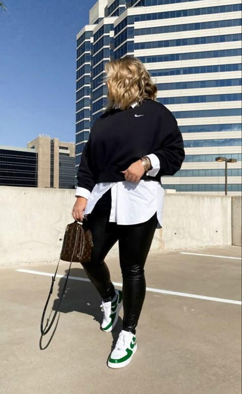 Casule Outfit For Women Winter, Nike Ones Outfit Women, Woman’s Winter Work Outfits, Nike Women Outfits Fashion, Sweatshirt And Sneakers Outfit, Sweatshirt Heels Outfit, Updated Work Outfits, Friendsgiving Brunch Outfit, All Black Nike Outfit