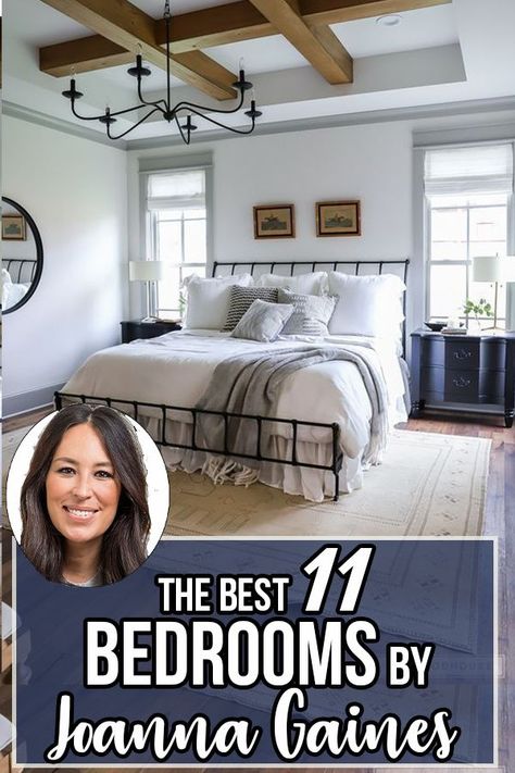 11 Best Bedrooms by Joanna Gaines: Here are the top ten bedroom designs and renovations done by Joanna Gaines from Fixer Upper! - Nikki's Plate Johanna Gaines Style Master Bedrooms, Modern Farmhouse Interior Design Ideas Bedroom, Bedrooms With Metal Beds, Johanna Gaines Bedroom Ideas, Lake Home Bedroom Ideas, Fixer Upper Bedroom Joanna Gaines, Joanna Gaines Style Bedrooms, Joanna Gaines Farmhouse Bedrooms, Johanna Gaines Style