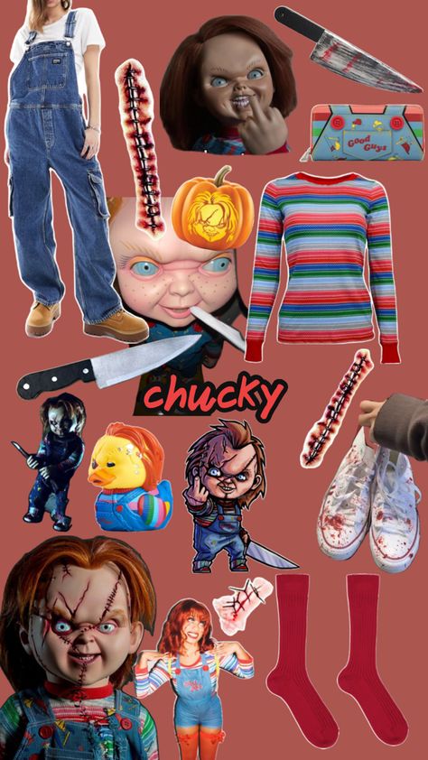 chucky, halloween, costume, scary, doll, inspo, ideas Chucky Doll Costume, Chucky Halloween Costume, Halloween Costume Scary, Chucky Halloween, Chucky Costume, Costume Carnaval, Matching Halloween Costumes, Scary Doll, Chucky Doll