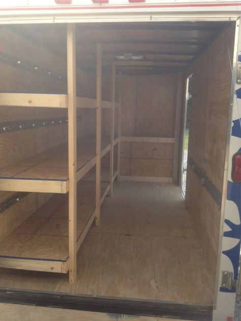 shelf one side and front, door on right Enclosed Trailer Cabinets, Enclosed Utility Trailers, Trailer Shelving, Rv Bunk Beds, Hunting Trailer, Enclosed Trailer Camper, Van Shelving, Building Shelves, Work Trailer