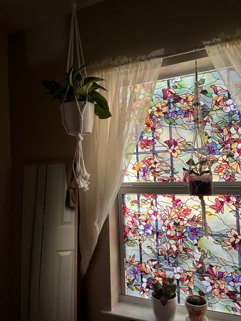 Stained Glass Windows Cottage, Maximalist Window Decor, Stained Glass In Bedroom, Stained Glass Bedroom Aesthetic, Stained Glass Decor Living Rooms, Stained Glass Decals For Windows, Stained Glass Living Room Window, Stain Glass Windows Diy, Bedroom Stained Glass Window