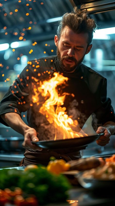 Chef's Fiery Performance: A skilled chef masterfully controls a dramatic flame as he prepares a dish in the kitchen. #chef #cooking #flame #kitchen #intensity #aiart #aiphoto #stockcake ⬇️ Download and 📝 Prompt 👉 https://ayr.app/l/2iy5 Chef In Action Photography, Chef Photoshoot Ideas Cooking, Dramatic Food Photography, Chef Photoshoot Ideas Photo Shoot, Cinematic Food Photography, Restaurant Shoot Ideas, Chef Cooking Photography, Restraunt Logo, Chef Portrait Photography