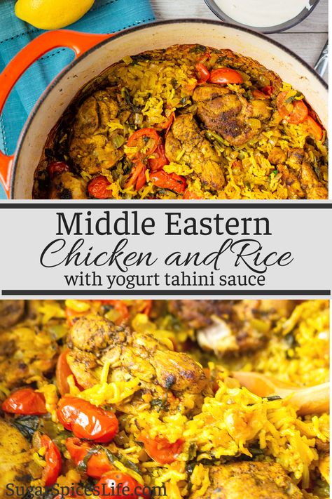 Side Dishes Fried Chicken, Chicken Shwarma And Rice, Asian Chicken Rice Recipes, Qabuli Palow Recipe, Meals Served Over Rice, Healthy Persian Recipes, Iranian Food Recipes, Middle Eastern Chicken And Rice, Yogurt Tahini Sauce